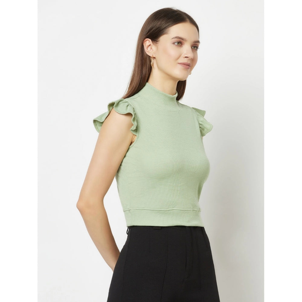 Women's Cotton Blend Self Design Puff Sleeves High Neck Regular Top (Light-Green)