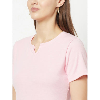 Generic Women's Cotton Blend Self Design Regular Sleeves V-Neck Regular Top (Pink)