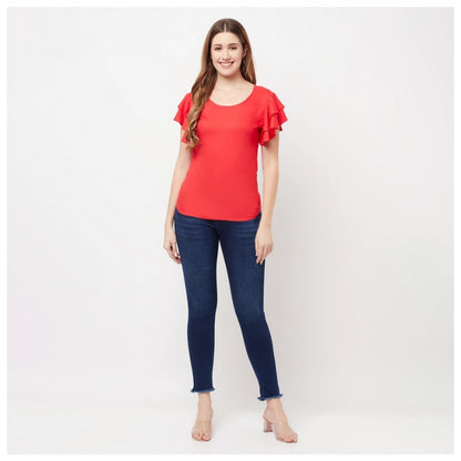 Generic Women's Cotton Blend Solid Bell Sleeves Round Neck Regular Top (Red)