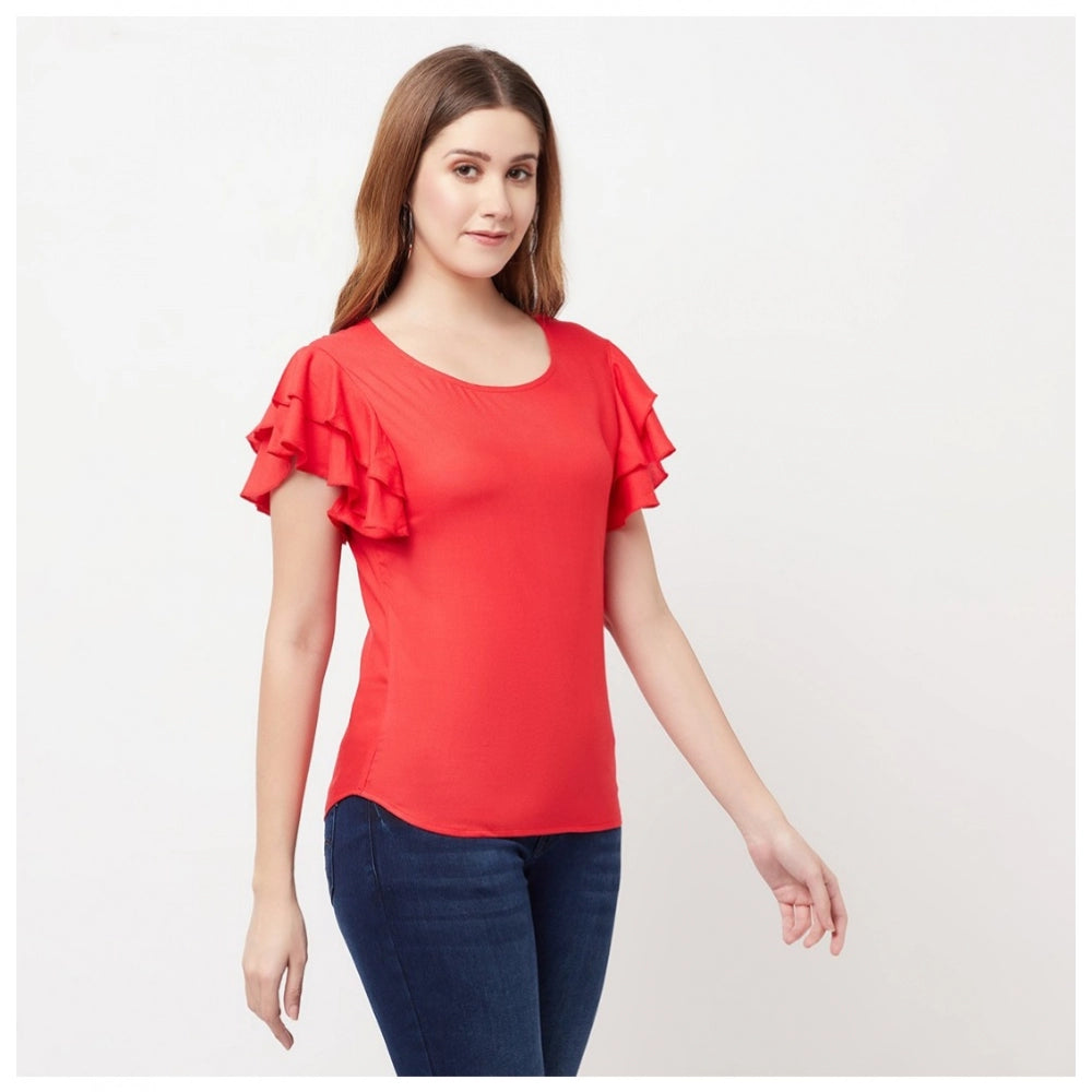 Generic Women's Cotton Blend Solid Bell Sleeves Round Neck Regular Top (Red)