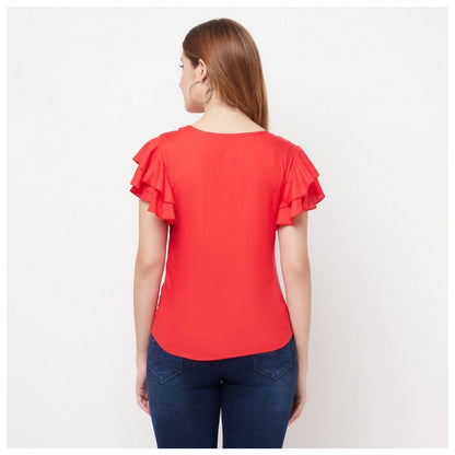 Generic Women's Cotton Blend Solid Bell Sleeves Round Neck Regular Top (Red)