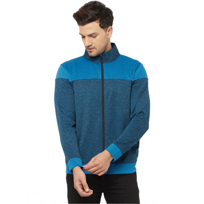 Men's Solid Lycra Blend Full Sleeve Casual Jacket (Blue)