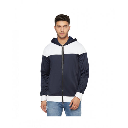 Men's Solid Polyester Full Sleeve Casual Jacket (Blue-White)