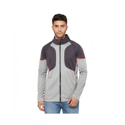 Men's Solid Lycra Blend Full Sleeve Casual Jacket (Grey)