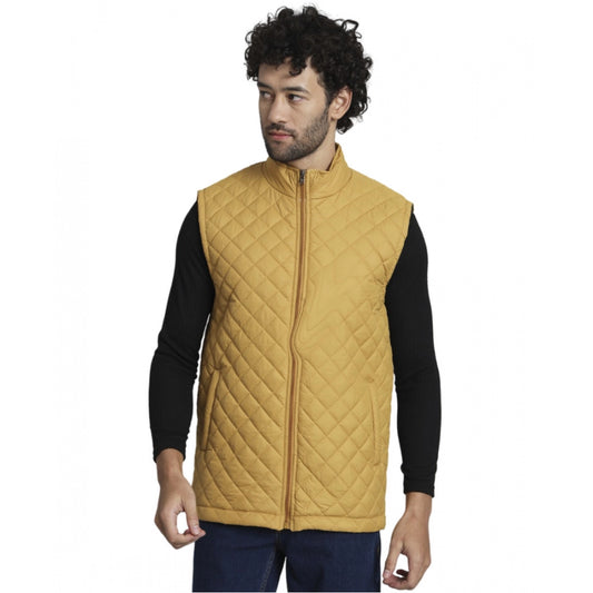 Men's Solid Polyester Sleeveless Bomber Jacket (Yellow)