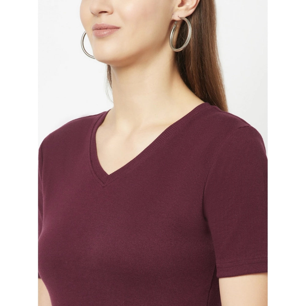 Generic Women's Cotton Blend Solid Regular Sleeves V-Neck Regular Top (Maroon)