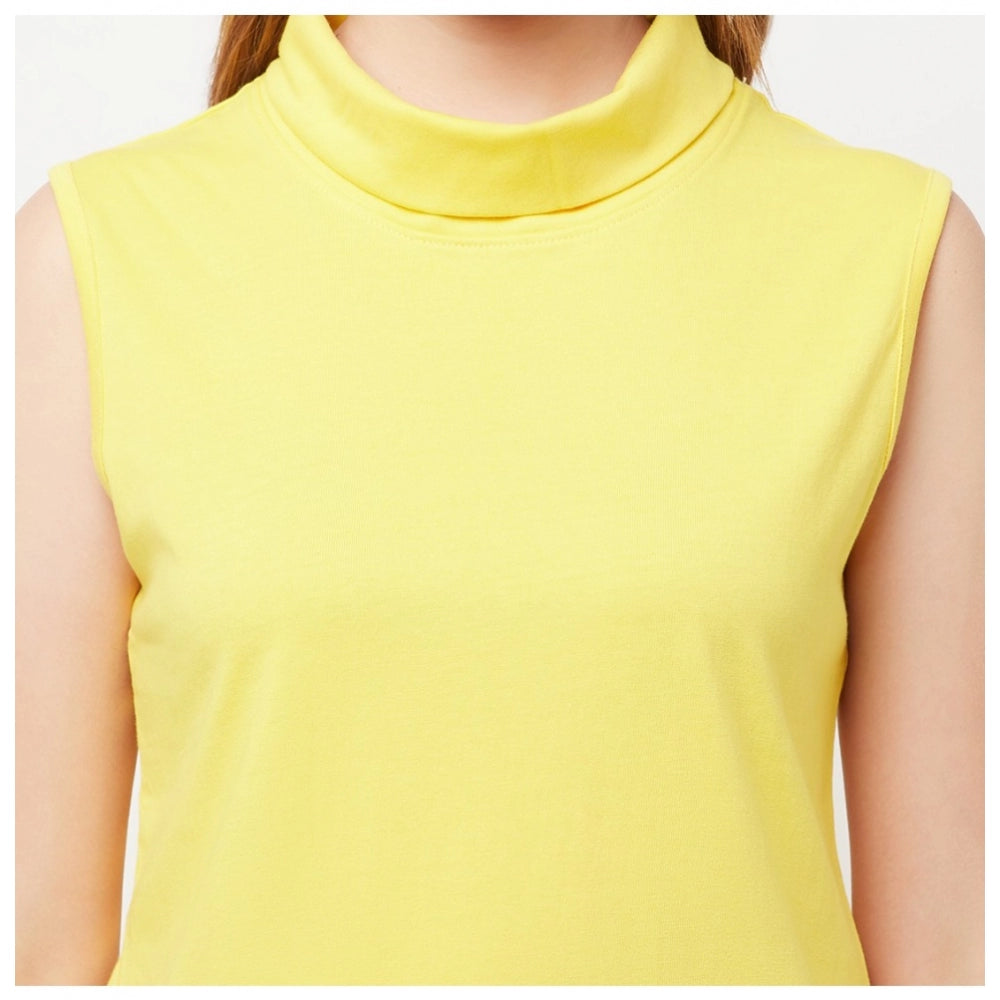 Generic Women's Cotton Blend Solid Sleeveless High Neck Regular Top (Yellow)