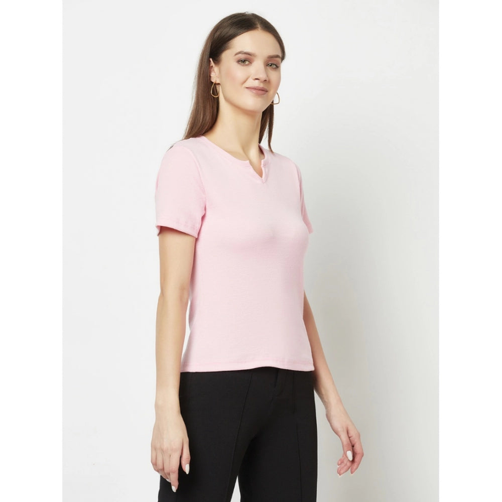 Generic Women's Cotton Blend Self Design Regular Sleeves V-Neck Regular Top (Pink)