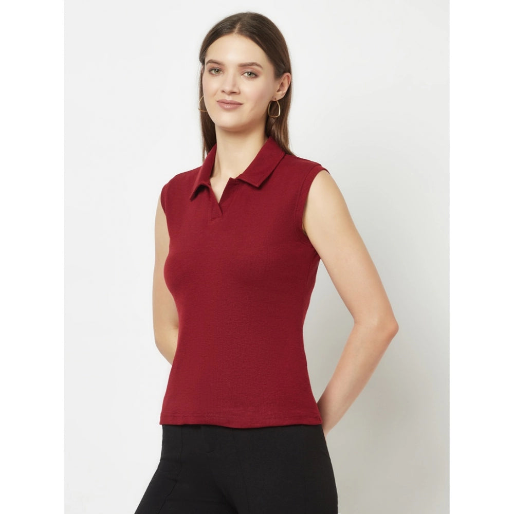 Generic Women's Cotton Blend Self Design Sleeveless Collared Regular Top (Maroon)