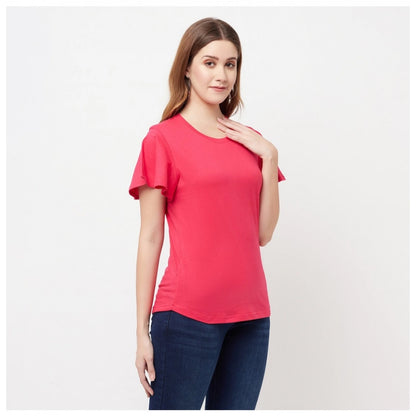 Women's Cotton Blend Solid Bell Sleeves Round Neck Regular Top (Pink)