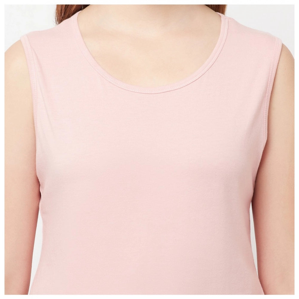 Women's Cotton Blend Solid Sleeveless Round Neck Regular Top (Pink)