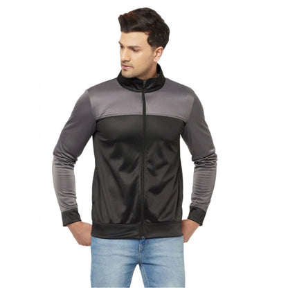 Men's Solid Lycra Blend Full Sleeve Casual Jacket (Black-Grey)