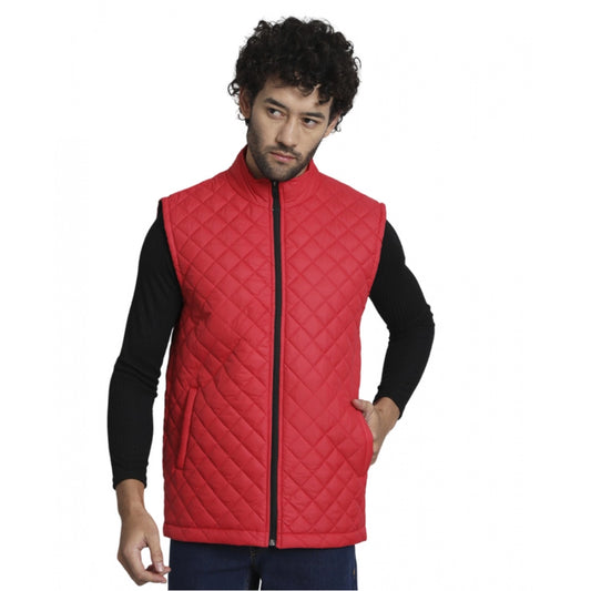 Men's Solid Polyester Sleeveless Bomber Jacket (Red)