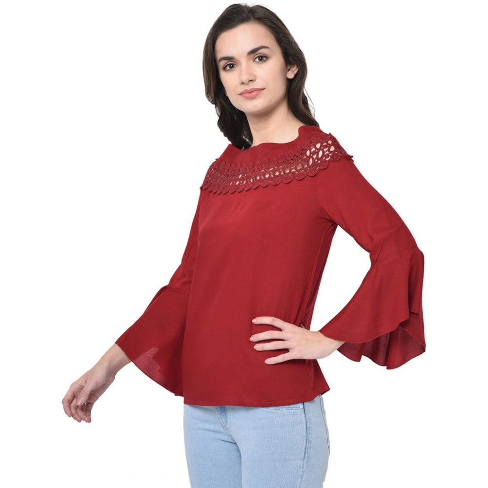 Generic Women's Cotton Blend Solid Regular Sleeves Round Neck Regular Top (Maroon)