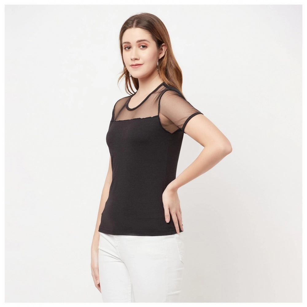 Generic Women's Cotton Blend Solid Regular Sleeves Round Neck Regular Top (Black)