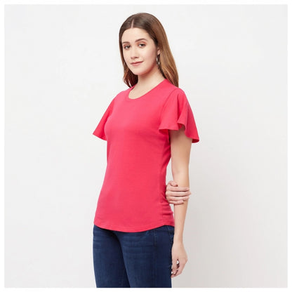 Women's Cotton Blend Solid Bell Sleeves Round Neck Regular Top (Pink)