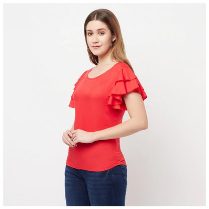 Generic Women's Cotton Blend Solid Bell Sleeves Round Neck Regular Top (Red)