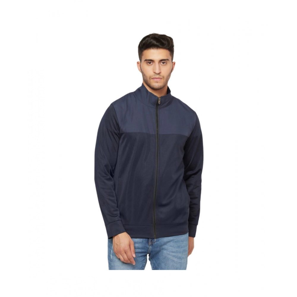 Men's Solid Lycra Blend Full Sleeve Casual Jacket (Blue)