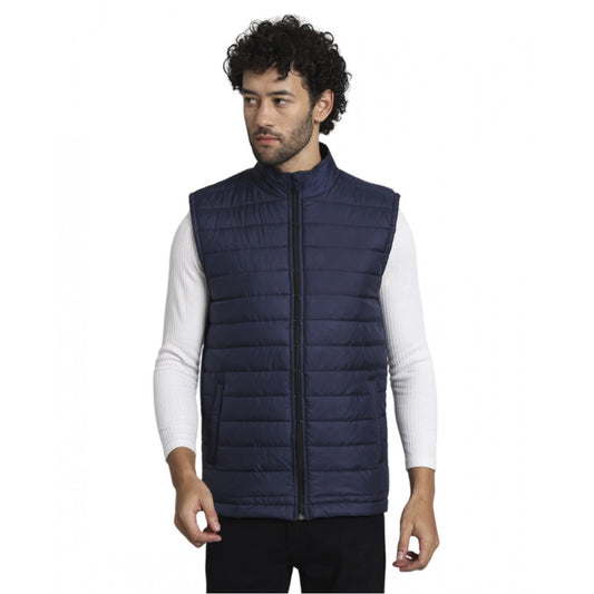 Men's Solid Polyester Sleeveless Bomber Jacket (Blue)