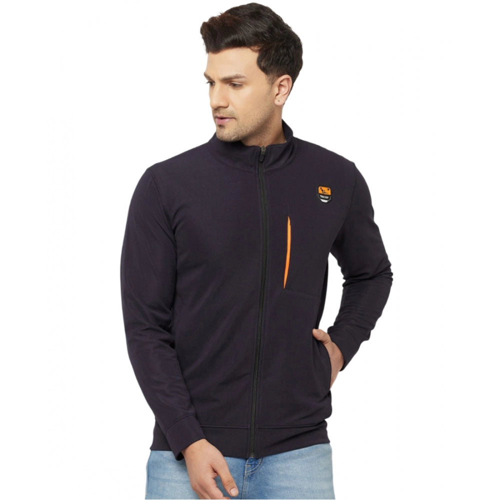 Men's Solid Lycra Blend Full Sleeve Casual Jacket (Navy-Blue)