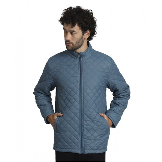 Men's Solid Polyester Full Sleeve Bomber Jacket (Blue)