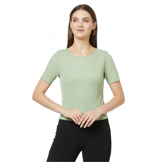 Generic Women's Cotton Blend Solid Regular Sleeves Round Neck Regular Top (Light-Green)