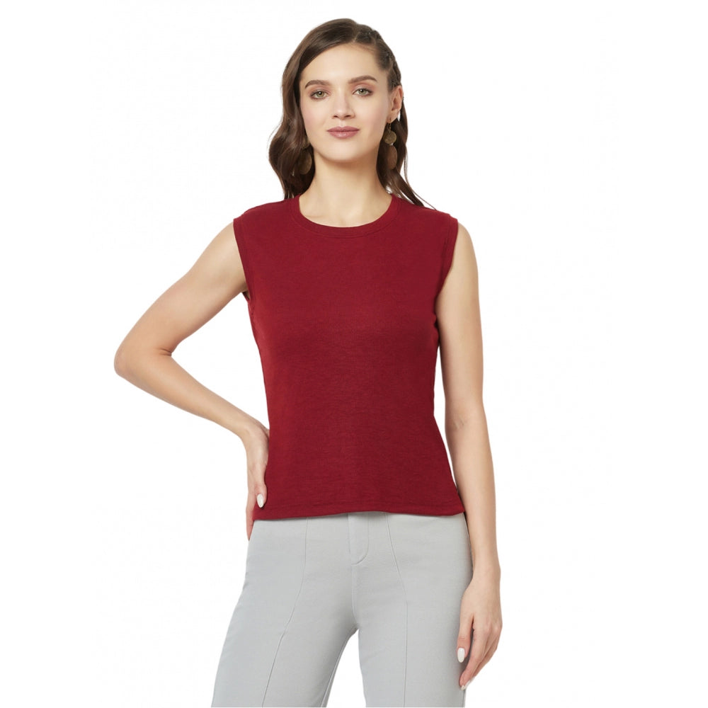 Generic Women's Cotton Blend Solid Sleeveless Round Neck Regular Top (Maroon)