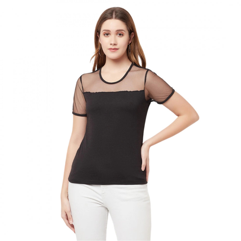 Generic Women's Cotton Blend Solid Regular Sleeves Round Neck Regular Top (Black)