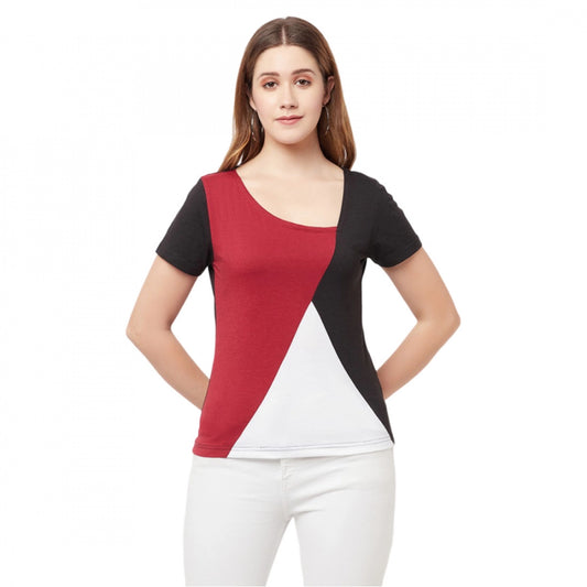 Generic Women's Cotton Blend Color Block Regular Sleeves Asymmetric Neck Regular Top (Multicolor)