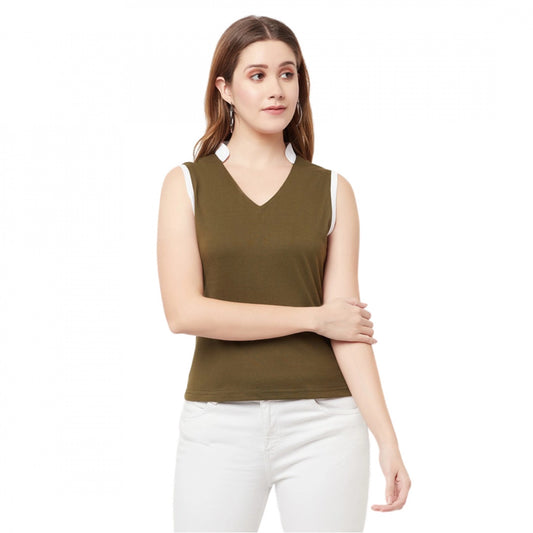 Generic Women's Cotton Blend Color Block Sleeveless V-Neck Regular Top (Green)