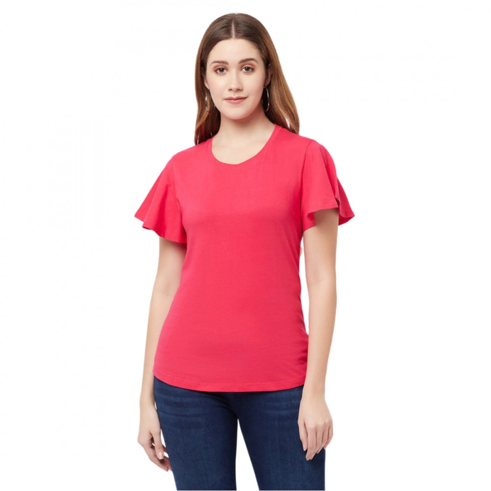 Women's Cotton Blend Solid Bell Sleeves Round Neck Regular Top (Pink)