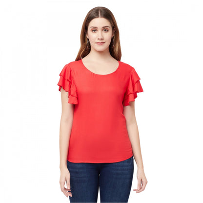 Generic Women's Cotton Blend Solid Bell Sleeves Round Neck Regular Top (Red)