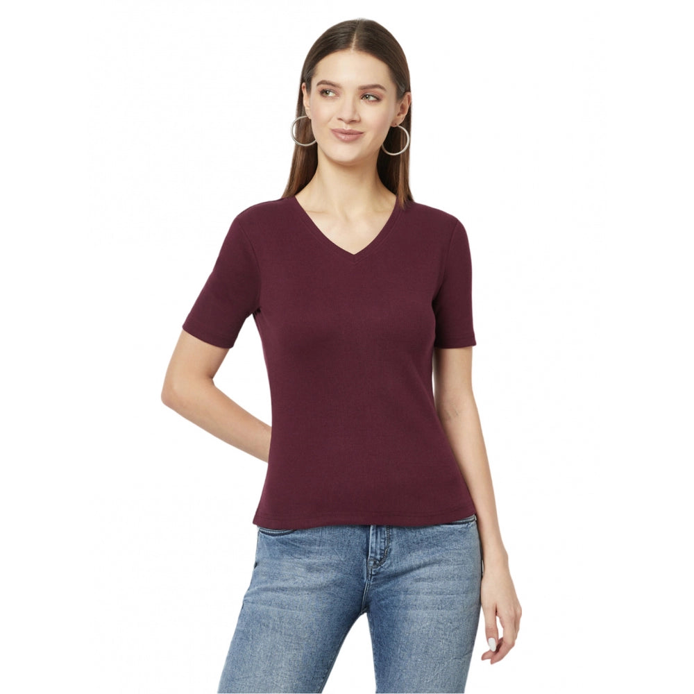 Generic Women's Cotton Blend Solid Regular Sleeves V-Neck Regular Top (Maroon)