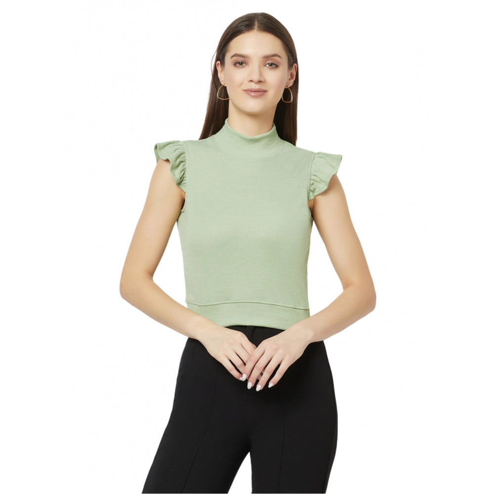 Women's Cotton Blend Self Design Puff Sleeves High Neck Regular Top (Light-Green)