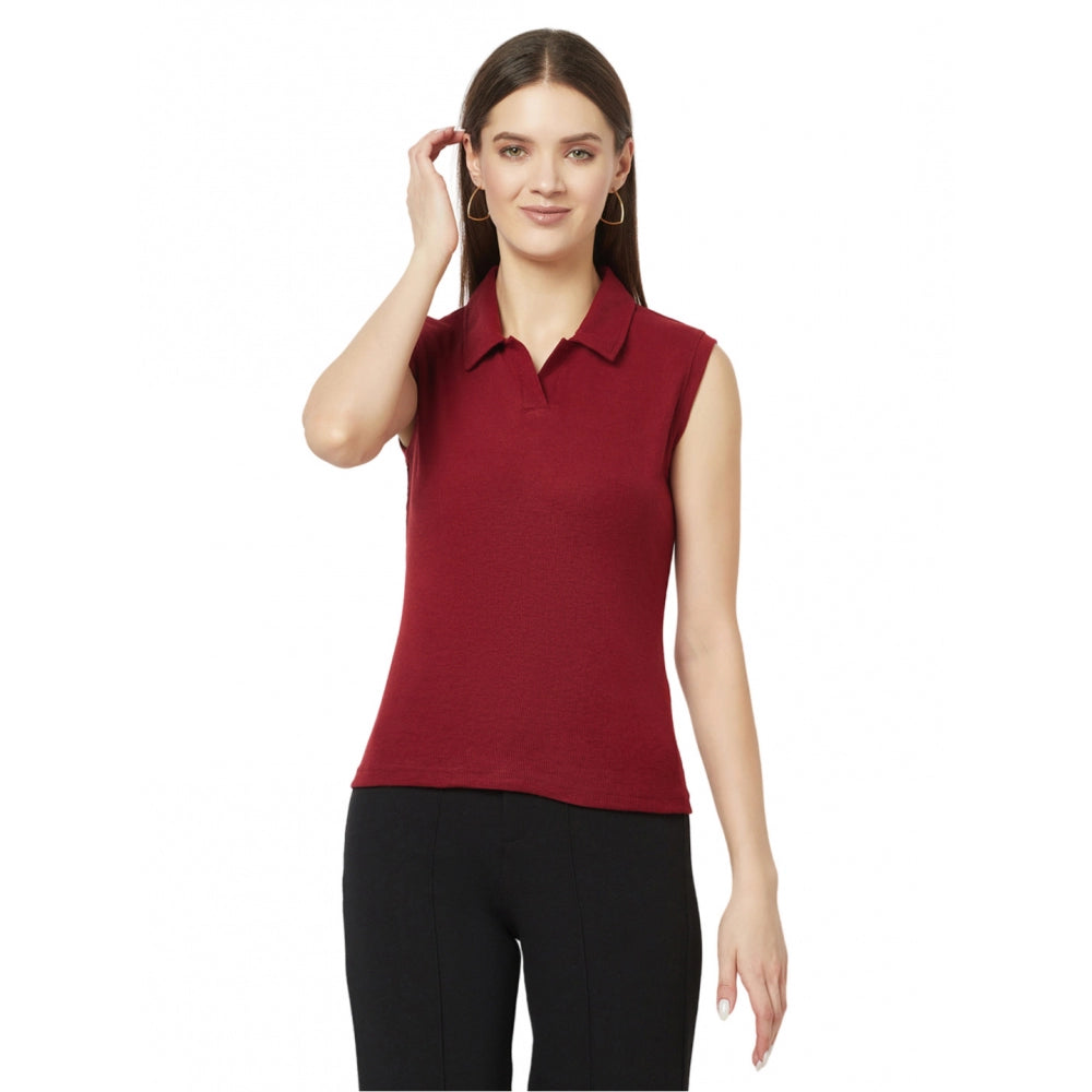 Generic Women's Cotton Blend Self Design Sleeveless Collared Regular Top (Maroon)