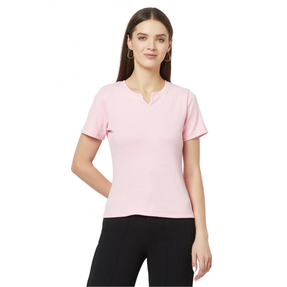 Generic Women's Cotton Blend Self Design Regular Sleeves V-Neck Regular Top (Pink)