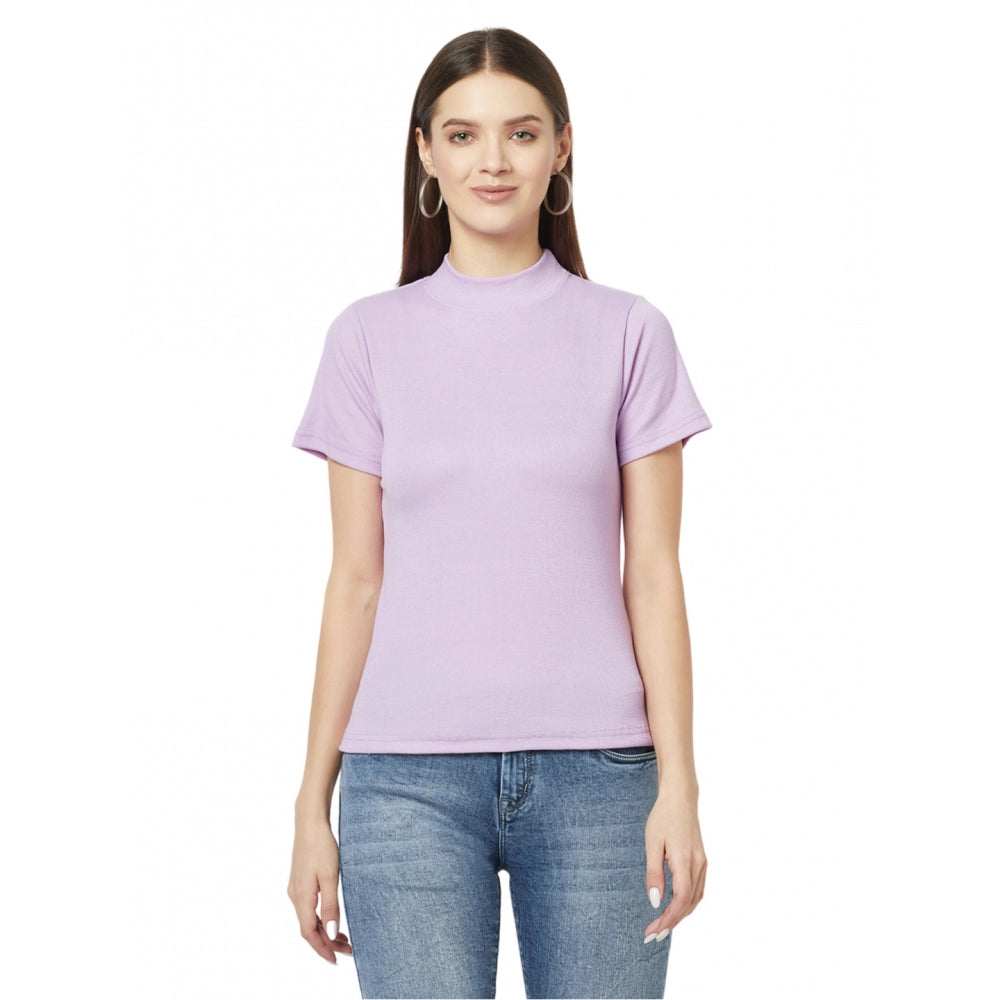 Generic Women's Cotton Blend Solid Regular Sleeves High Neck Regular Top (Purple)