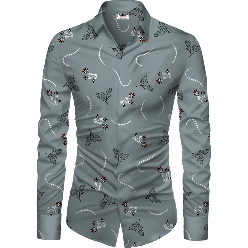 Generic Men's Casual Floral Printed Cotton Blend Unstitched Shirt Fabric 1.6 Mtrs (Grey)