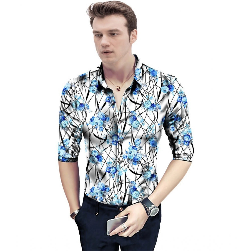 Men's Casual Floral Printed Cotton Blend Unstitched Shirt Fabric 1.6 Mtrs (Blue)