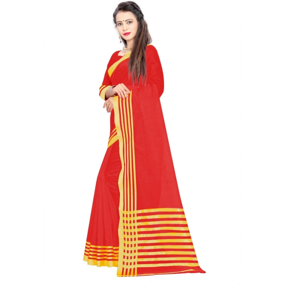 Women's Jacquard Striped Saree With Unstitched Blouse 5.5Mtr (Red)