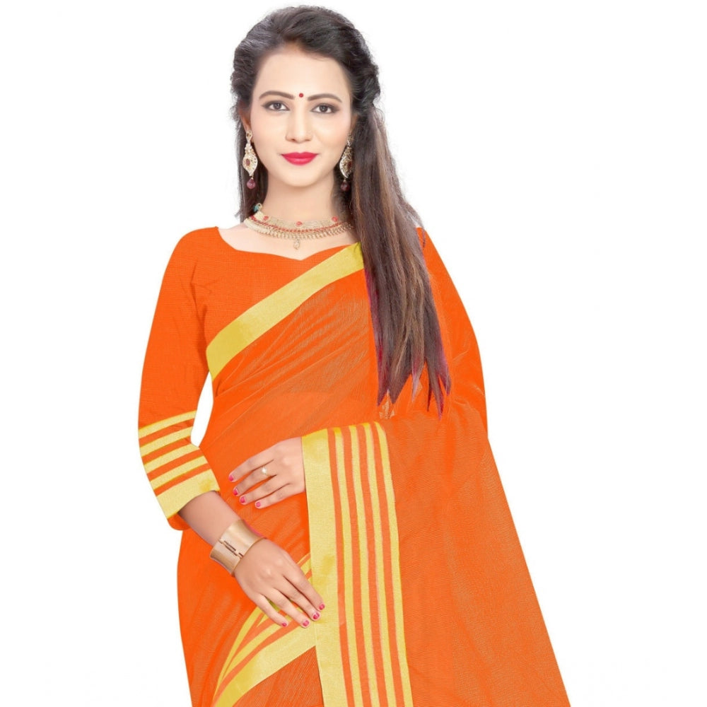 Women's Jacquard Striped Saree With Unstitched Blouse 5.5Mtr (Orange)