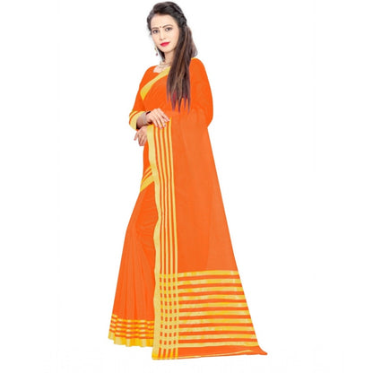 Women's Jacquard Striped Saree With Unstitched Blouse 5.5Mtr (Orange)