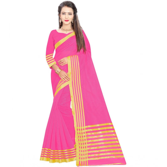 Women's Jacquard Striped Saree With Unstitched Blouse 5.5Mtr (Pink)