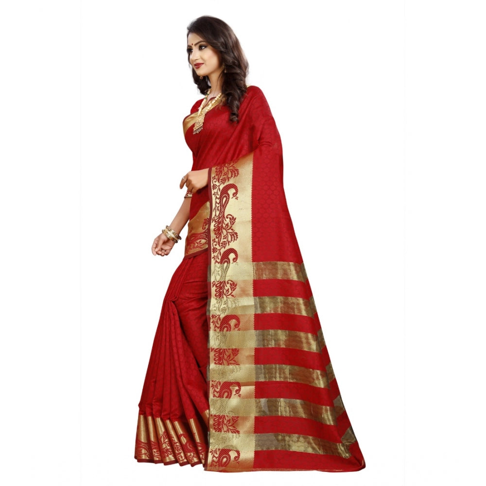 Women's Jacquard Woven Saree With Unstitched Blouse 5.5Mtr (Red)