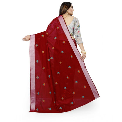 Women's Cotton Silk Embroidered Saree With Unstitched Blouse 5.5Mtr (Maroon)