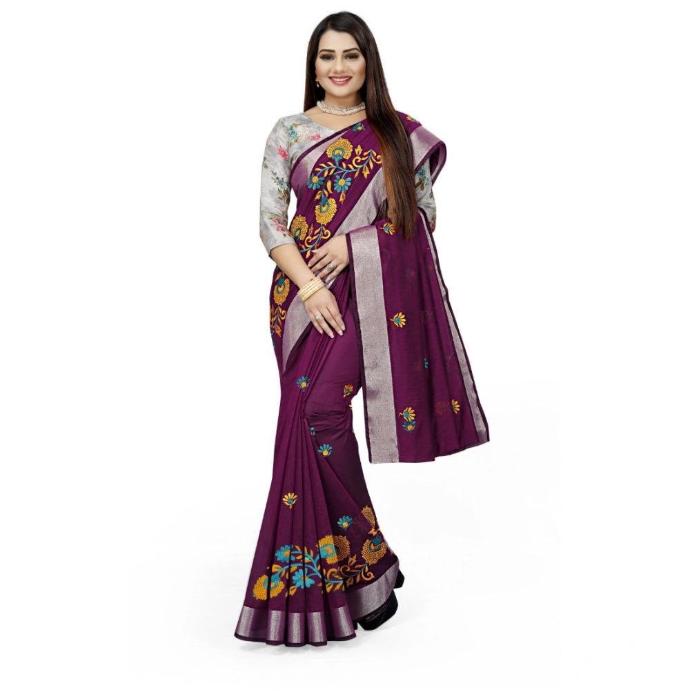 Women's Cotton Silk Embroidered Saree With Unstitched Blouse 5.5Mtr (Purple)