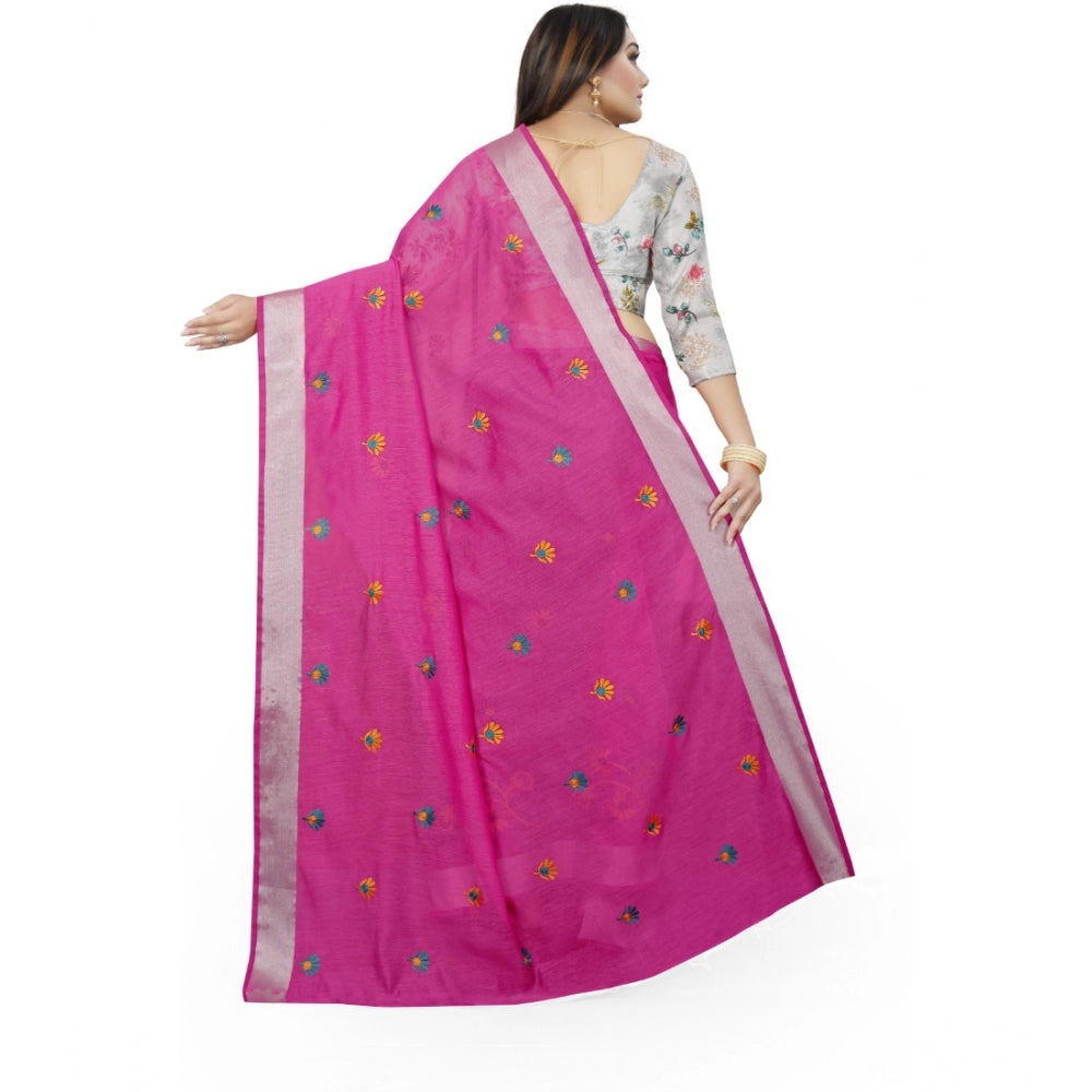 Women's Cotton Silk Embroidered Saree With Unstitched Blouse 5.5Mtr (Pink)