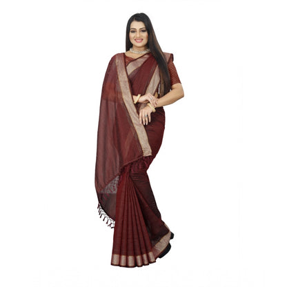 Women's Cotton Blend Solid/Plain Saree With Unstitched Blouse 5.5Mtr (Maroon)