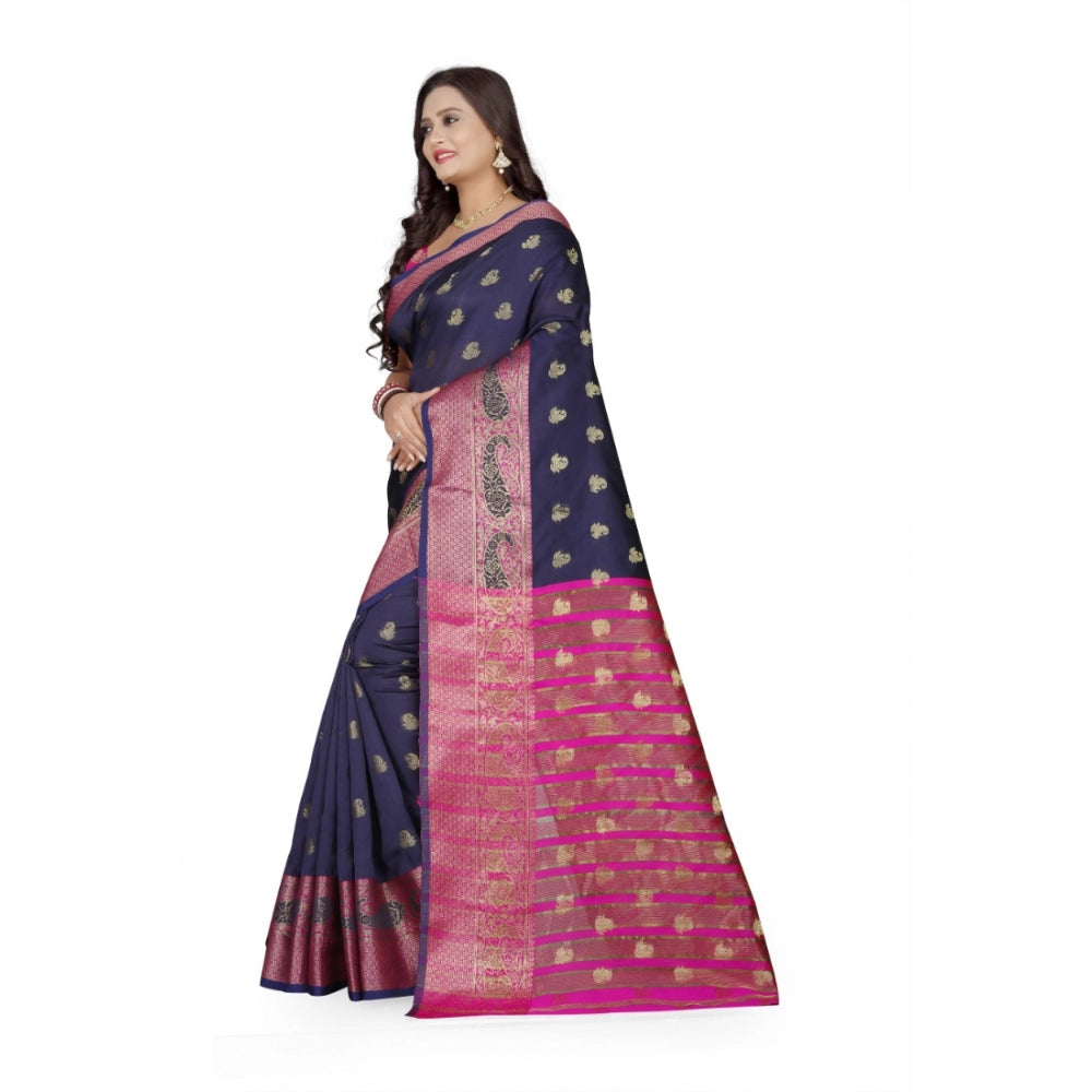 Women's Jacquard Woven Saree With Unstitched Blouse 5.5Mtr (Dark Blue)