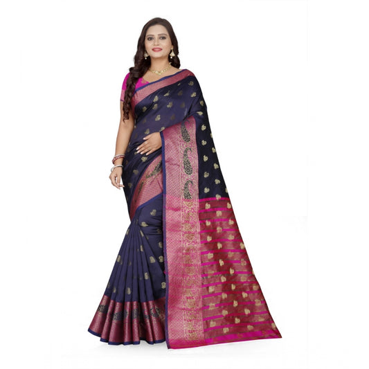 Women's Jacquard Woven Saree With Unstitched Blouse 5.5Mtr (Dark Blue)